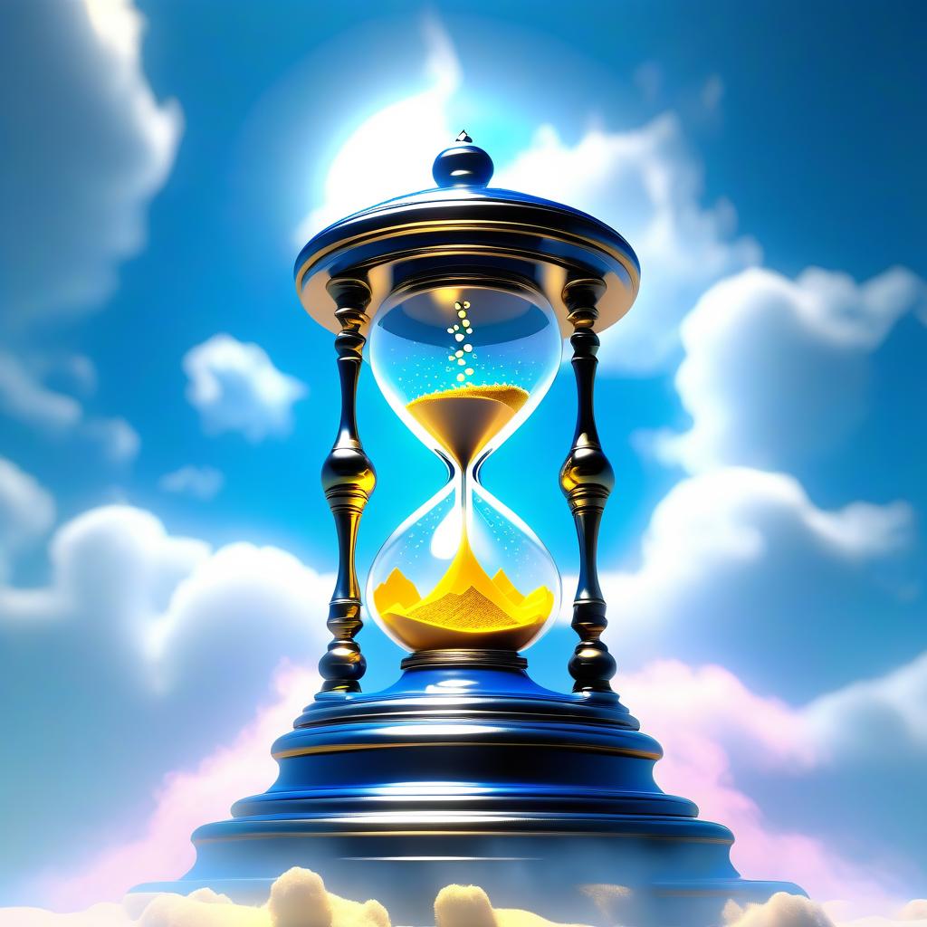  ethereal fantasy concept art of (Fancy hourglass). clock design: wooden carved case lacquered. Bowls of transparent glass. Inside the top bowl of the clock the rising sun is displayed. Around the sun is a blue sky and white, golden pink clouds. (Inside the lower bowl of the clock): night, dark blue sky with a bright yellow month with a silvery cast. Beneath the sky are mountains covered with blue white snow, shimmering with different colours of the rainbow. Background: gradient: in the lower part of the background the structure of sand. In the upper part of the background perispherical clouds in the blue sky. Style: romantic fantasy. . magnificent, celestial, ethereal, painterly, epic, majestic, magical, fantasy art, cover art, dreamy hyperrealistic, full body, detailed clothing, highly detailed, cinematic lighting, stunningly beautiful, intricate, sharp focus, f/1. 8, 85mm, (centered image composition), (professionally color graded), ((bright soft diffused light)), volumetric fog, trending on instagram, trending on tumblr, HDR 4K, 8K