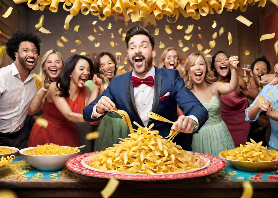  Illustrate a lively party scene with various pasta shapes dancing and having a blast, with macaroni and penne leading the festivities. Add colorful confetti made of tiny pasta pieces and a banner that reads "Pasta Party Animals: Let's Noodle and Boogie!". hyperrealistic, full body, detailed clothing, highly detailed, cinematic lighting, stunningly beautiful, intricate, sharp focus, f/1. 8, 85mm, (centered image composition), (professionally color graded), ((bright soft diffused light)), volumetric fog, trending on instagram, trending on tumblr, HDR 4K, 8K