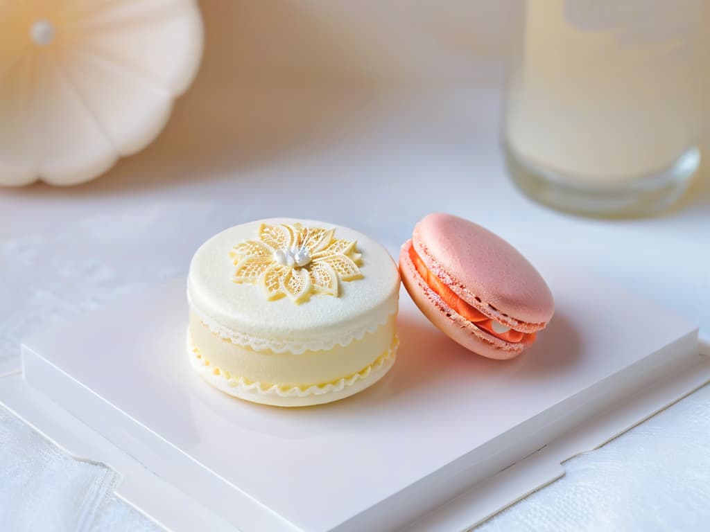  An ultradetailed image of a delicate macaron sitting on a piece of intricate lace, showcasing a fusion of French and Japanese pastry techniques. The macaron's smooth surface reflects a soft gradient of pastel colors, hinting at unique flavor combinations. The lace underneath is a mix of traditional French floral patterns and intricate Japanese motifs, symbolizing the blend of culinary traditions discussed in the article. The lighting is soft, casting gentle shadows that highlight the intricate details of both the macaron and the lace. hyperrealistic, full body, detailed clothing, highly detailed, cinematic lighting, stunningly beautiful, intricate, sharp focus, f/1. 8, 85mm, (centered image composition), (professionally color graded), ((bright soft diffused light)), volumetric fog, trending on instagram, trending on tumblr, HDR 4K, 8K