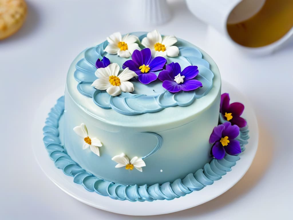  A closeup, ultradetailed image of a beautifully decorated pastry with intricate icing swirls and delicate edible flowers on top, set on a sleek, modern white plate. The focus is on the glossy texture of the icing, highlighting the precision and artistry involved in pastry decoration. The color palette is soft pastels, creating a visually appealing and elegant composition that conveys the artistry and craftsmanship of pastry making. hyperrealistic, full body, detailed clothing, highly detailed, cinematic lighting, stunningly beautiful, intricate, sharp focus, f/1. 8, 85mm, (centered image composition), (professionally color graded), ((bright soft diffused light)), volumetric fog, trending on instagram, trending on tumblr, HDR 4K, 8K