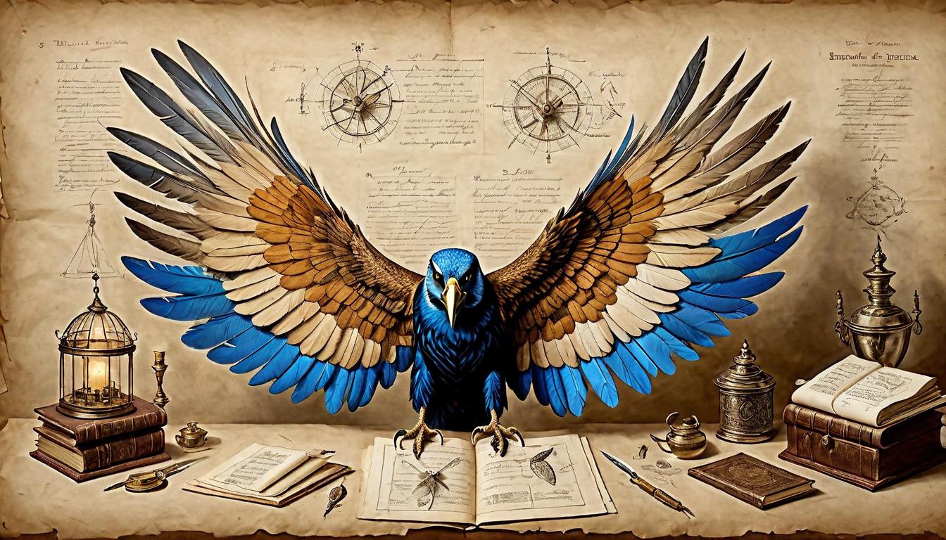  on parchment, surrealism+++, An artist meticulously crafts wings from feathers and wax, surrounded by blueprints and ancient tomes, the epitome of innovation. Artist at work, crafting wings of feathers and wax, surrounded by blueprints and tomes, room alight with the spark of ingenuity, innovation amidst tradition.(mysterious, provocative, symbolic,muted color)+++