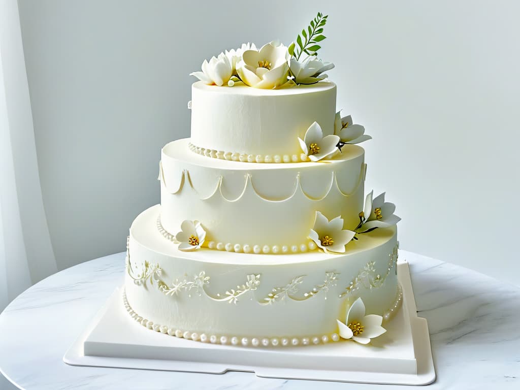  An ultradetailed, minimalist illustration of a beautifully decorated threetiered wedding cake, showcasing intricate piping work, delicate fondant flowers, and shimmering edible pearls. The cake is elegantly displayed on a sleek, marble countertop with soft, diffused lighting that highlights every meticulous detail, exuding a sense of sophistication and artistry that embodies the transformative journey from hobbyist to professional pastry chef. hyperrealistic, full body, detailed clothing, highly detailed, cinematic lighting, stunningly beautiful, intricate, sharp focus, f/1. 8, 85mm, (centered image composition), (professionally color graded), ((bright soft diffused light)), volumetric fog, trending on instagram, trending on tumblr, HDR 4K, 8K