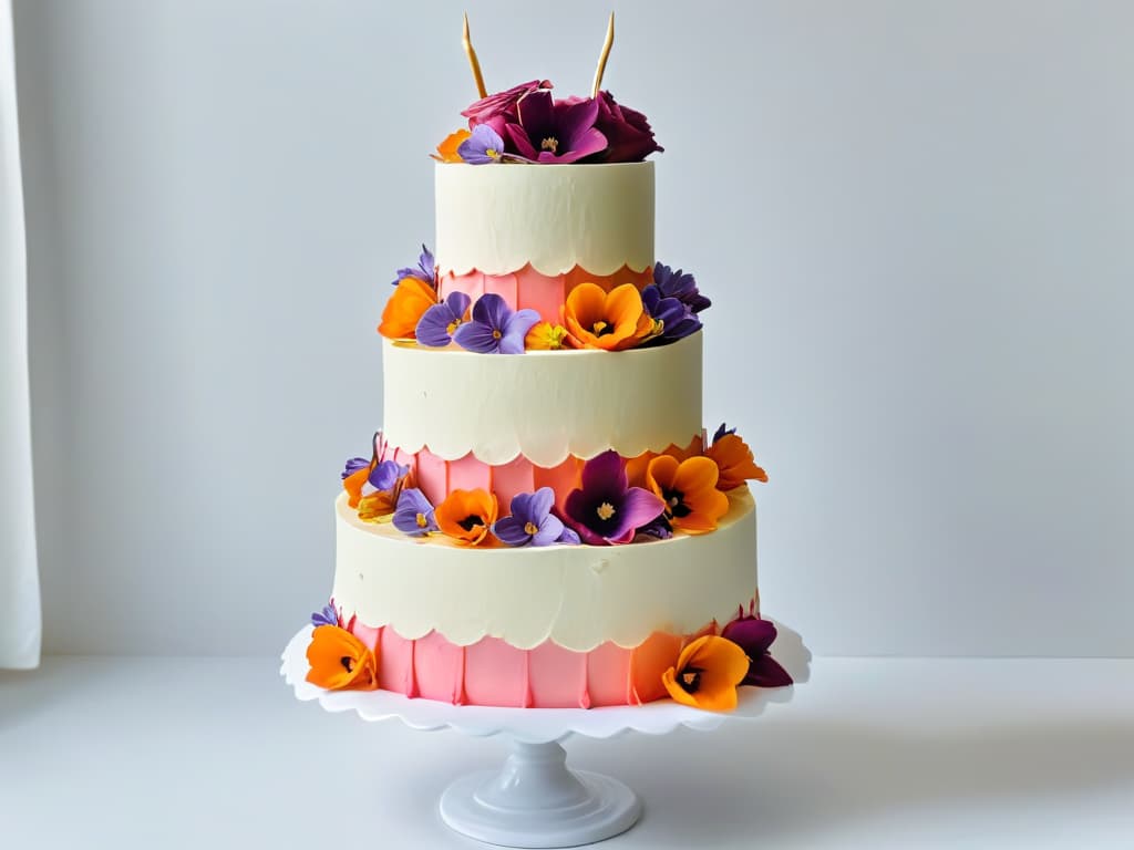  A luxurious tiered cake adorned with vibrant edible flowers in various shades of pink, purple, and orange, set against a clean white background. The cake layers are perfectly frosted and decorated with intricate piping details, creating a visually stunning and elegant dessert masterpiece that embodies the harmonious balance of flavors and colors in pastry art. hyperrealistic, full body, detailed clothing, highly detailed, cinematic lighting, stunningly beautiful, intricate, sharp focus, f/1. 8, 85mm, (centered image composition), (professionally color graded), ((bright soft diffused light)), volumetric fog, trending on instagram, trending on tumblr, HDR 4K, 8K