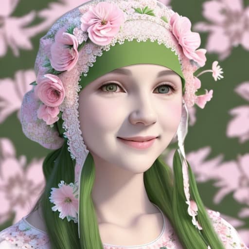  real e621, photorealistic, masterpiece, Wolfie:1.2, smiling at viewer, (pink and white floral patterned headwear, pink and white floral patterned clothing:1.2), nightgown and bonnet, sharp eyes, male, green eyes, long sleeves, large chest