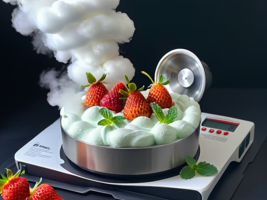  An ultradetailed image of a sleek, modern stainless steel bowl filled with billowing white clouds of vapor, surrounded by a scattering of fresh strawberries and mint leaves. The liquid nitrogen mist curls and dances around the ingredients, creating an ethereal and captivating scene that embodies the essence of instant ice cream creation with liquid nitrogen. The contrast between the metallic sheen of the bowl, the vibrant red of the strawberries, and the delicate green of the mint leaves is striking, emphasizing the futuristic and professional nature of this innovative dessertmaking technique. hyperrealistic, full body, detailed clothing, highly detailed, cinematic lighting, stunningly beautiful, intricate, sharp focus, f/1. 8, 85mm, (centered image composition), (professionally color graded), ((bright soft diffused light)), volumetric fog, trending on instagram, trending on tumblr, HDR 4K, 8K