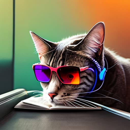 nvinkpunk Realistic image of a cat wearing headphones and reading glasses while riding a bus., 8k, sharp focus, wallpaper hyperrealistic, full body, detailed clothing, highly detailed, cinematic lighting, stunningly beautiful, intricate, sharp focus, f/1. 8, 85mm, (centered image composition), (professionally color graded), ((bright soft diffused light)), volumetric fog, trending on instagram, trending on tumblr, HDR 4K, 8K