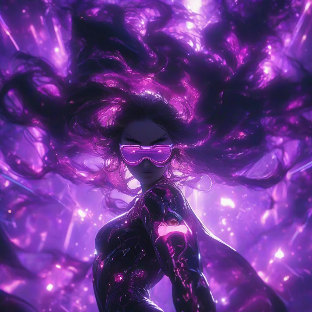  cinematic photo a girl with pink eyes standing in front of a purple light, anime epic artwork, technological sunglasses, malicious, wlop : :, bright purple glowing water, rage, black square glasses, corrupted, streaming on twitch, 2 d cg, || very anime, unknown, malevolent, purple . 35mm photograph, film, bokeh, professional, 4k, highly detailed hyperrealistic, full body, detailed clothing, highly detailed, cinematic lighting, stunningly beautiful, intricate, sharp focus, f/1. 8, 85mm, (centered image composition), (professionally color graded), ((bright soft diffused light)), volumetric fog, trending on instagram, trending on tumblr, HDR 4K, 8K