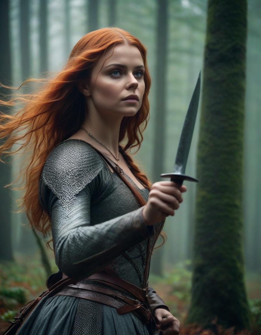  cinematic film still The era of medieval wars, a frame from a film, the most detailed image, cloudy and foggy autumn morning, rain, Chloe Grace Moretz with long light red hair, in a dark forest robber costume, holding a hunting knife in her right hand, with a combat dynamic expressive pose, prepared for battle, forest, maximum detail, especially carefully drawn faces, the maximum correspondence of historical medieval clothes, small details, the most correct anatomy, . shallow depth of field, vignette, highly detailed, high budget, bokeh, cinemascope, moody, epic, gorgeous, film grain, grainy hyperrealistic, full body, detailed clothing, highly detailed, cinematic lighting, stunningly beautiful, intricate, sharp focus, f/1. 8, 85mm, (centered image composition), (professionally color graded), ((bright soft diffused light)), volumetric fog, trending on instagram, trending on tumblr, HDR 4K, 8K