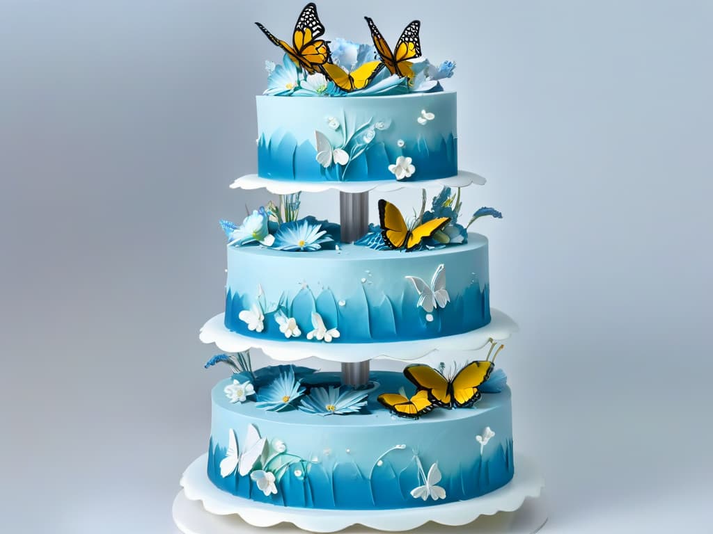  An ultradetailed image of a delicate, intricately designed wedding cake adorned with lifelike augmented reality elements like shimmering butterflies and blooming digital flowers, set against a clean, white background. The cake is a masterpiece of sugary artistry, with each tier showcasing a different AR enhancement, from cascading digital ribbons to glowing gemstones that seem to sparkle. The overall aesthetic is modern and elegant, blending the traditional beauty of a wedding cake with the futuristic allure of augmented reality technology. hyperrealistic, full body, detailed clothing, highly detailed, cinematic lighting, stunningly beautiful, intricate, sharp focus, f/1. 8, 85mm, (centered image composition), (professionally color graded), ((bright soft diffused light)), volumetric fog, trending on instagram, trending on tumblr, HDR 4K, 8K