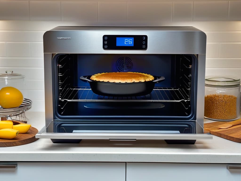  A sleek, minimalistic image of a modern convection oven in a stylish kitchen setting. The oven is stainless steel with a digital display, surrounded by neatly organized baking utensils like measuring cups, spatulas, and pastry brushes. The kitchen counter is clean and clutterfree, emphasizing the efficiency and elegance of using convection ovens for home baking. hyperrealistic, full body, detailed clothing, highly detailed, cinematic lighting, stunningly beautiful, intricate, sharp focus, f/1. 8, 85mm, (centered image composition), (professionally color graded), ((bright soft diffused light)), volumetric fog, trending on instagram, trending on tumblr, HDR 4K, 8K