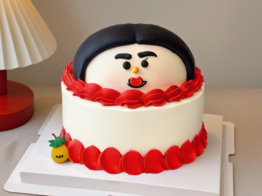  An intricately designed custommade cake shaped like the iconic character Mafalda, with precise fondant details showcasing her distinctive features like her short hair, glasses, and the red dress. The cake sits on a sleek, modern white platter, against a clean, minimalist backdrop, emphasizing the artistry and skill that went into creating this culinary masterpiece. hyperrealistic, full body, detailed clothing, highly detailed, cinematic lighting, stunningly beautiful, intricate, sharp focus, f/1. 8, 85mm, (centered image composition), (professionally color graded), ((bright soft diffused light)), volumetric fog, trending on instagram, trending on tumblr, HDR 4K, 8K