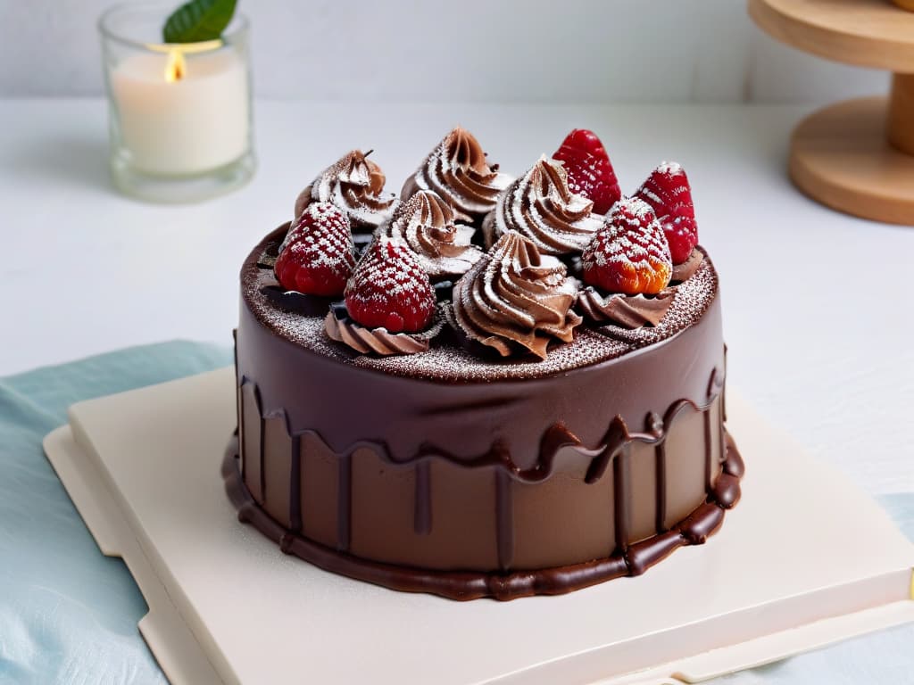  A photorealistic image of a decadent, triplelayered vegan chocolate cake, topped with glossy chocolate ganache, fresh raspberries, and delicate mint leaves. The cake sits on a sleek marble cake stand, with soft natural light highlighting its rich, indulgent textures. The background is subtly blurred to keep the focus on the intricate details of the dessert, making it a mouthwatering and visually appealing centerpiece for the article on the role of chocolate in vegan baking. hyperrealistic, full body, detailed clothing, highly detailed, cinematic lighting, stunningly beautiful, intricate, sharp focus, f/1. 8, 85mm, (centered image composition), (professionally color graded), ((bright soft diffused light)), volumetric fog, trending on instagram, trending on tumblr, HDR 4K, 8K