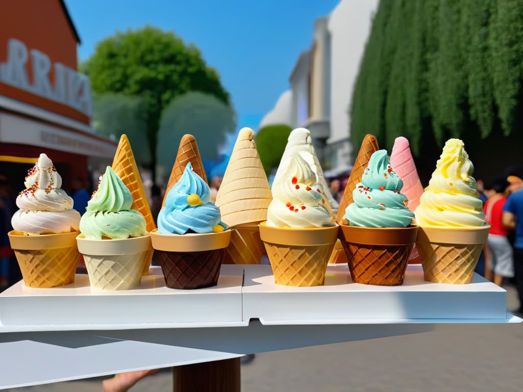  A minimalist yet highly detailed image of a bustling ice cream festival scene, showcasing a diverse array of artisanal ice cream vendors from around the world. The image features colorful, intricately designed ice cream cones and bowls, each uniquely topped and presented. Crowds of people of various ethnicities and ages are seen enjoying the frozen treats under a clear blue sky, with a backdrop of modern architecture and lush greenery. The sunlight glistens off the ice cream, creating a visually enticing and vibrant scene that captures the essence of global ice cream trends and innovation. hyperrealistic, full body, detailed clothing, highly detailed, cinematic lighting, stunningly beautiful, intricate, sharp focus, f/1. 8, 85mm, (centered image composition), (professionally color graded), ((bright soft diffused light)), volumetric fog, trending on instagram, trending on tumblr, HDR 4K, 8K