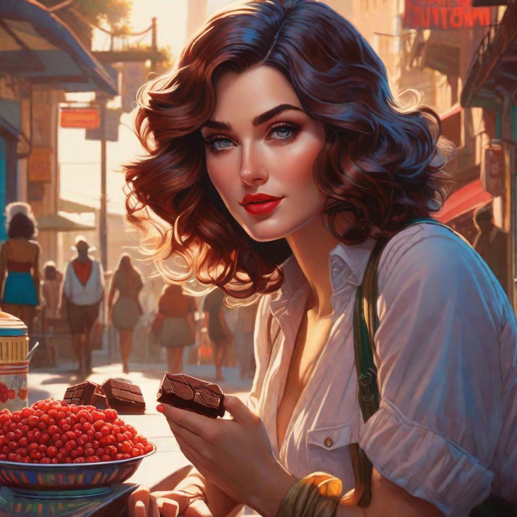  UMa menina fofinho comendo chocolate , multicolored hair, Colorful background, realistic shaded perfect face, fine details by realistic shaded lighting poster by ilya kuvshinov katsuhiro otomo, magali villeneuve, artgerm, jeremy lipkin and michael garmash and rob rey hyperrealistic, full body, detailed clothing, highly detailed, cinematic lighting, stunningly beautiful, intricate, sharp focus, f/1. 8, 85mm, (centered image composition), (professionally color graded), ((bright soft diffused light)), volumetric fog, trending on instagram, trending on tumblr, HDR 4K, 8K