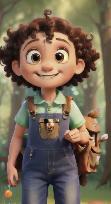  {The tree with a smiling face formed by its bark, looking down at Riley., Riley, a curious with big brown eyes and curly hair, wearing overalls and carrying a small backpack. Their friend, Skye, a bluebird with shiny feathers.