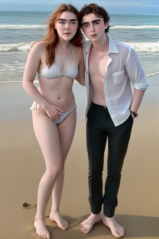  Florence Pugh having with Timothée chalamet on the beach