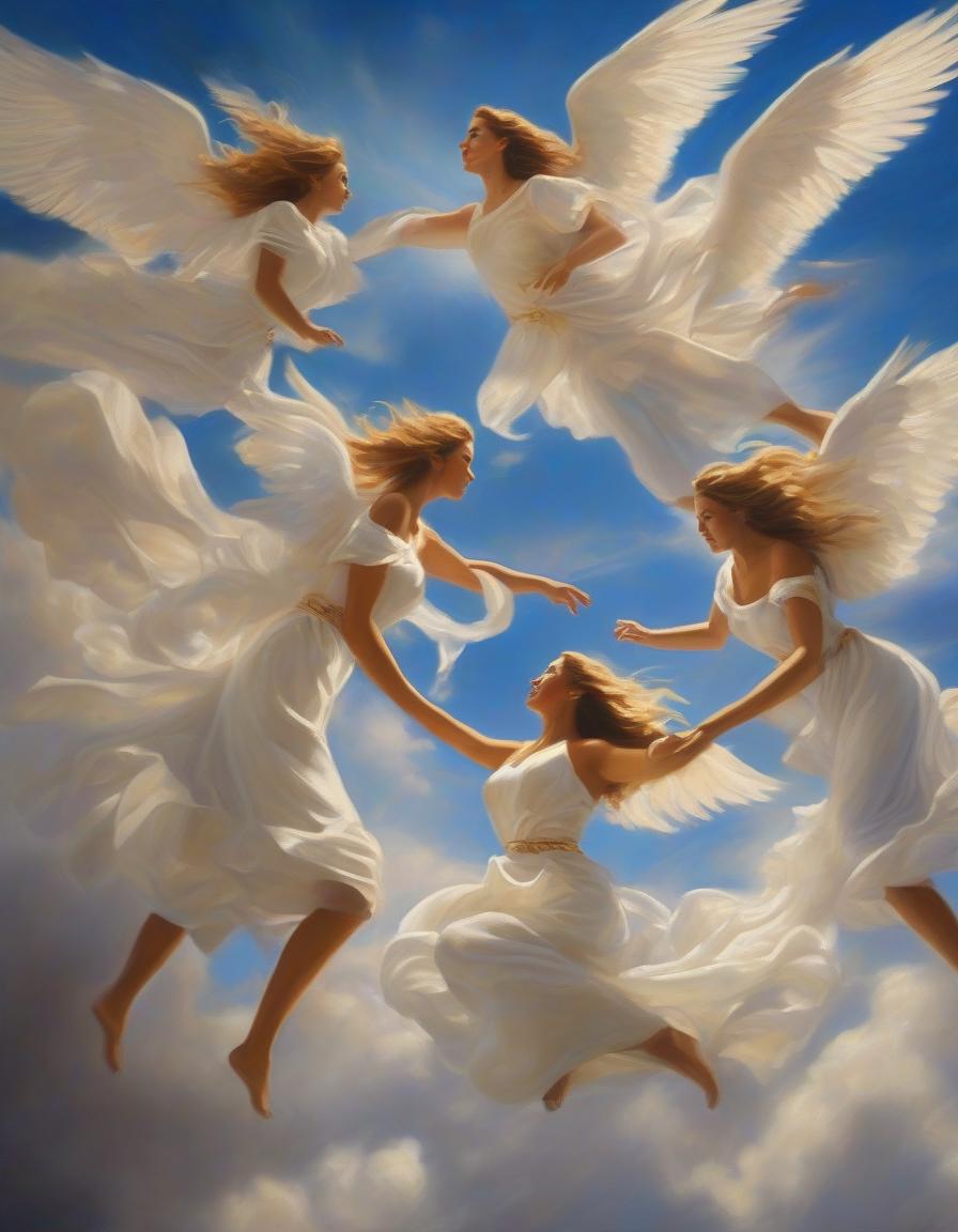  Girls angels dance in the sky weightless around the planet Earth, heaven, light goodness, warmth, detailed depiction of face, photorealism. In other words, girl angels dance freely around planet Earth in the sky, creating a heavenly atmosphere with their presence. They exude light, goodness, and warmth, bringing a sense of peaceful bliss while their face is meticulously detailed, with a strong sense of photorealism. hyperrealistic, full body, detailed clothing, highly detailed, cinematic lighting, stunningly beautiful, intricate, sharp focus, f/1. 8, 85mm, (centered image composition), (professionally color graded), ((bright soft diffused light)), volumetric fog, trending on instagram, trending on tumblr, HDR 4K, 8K