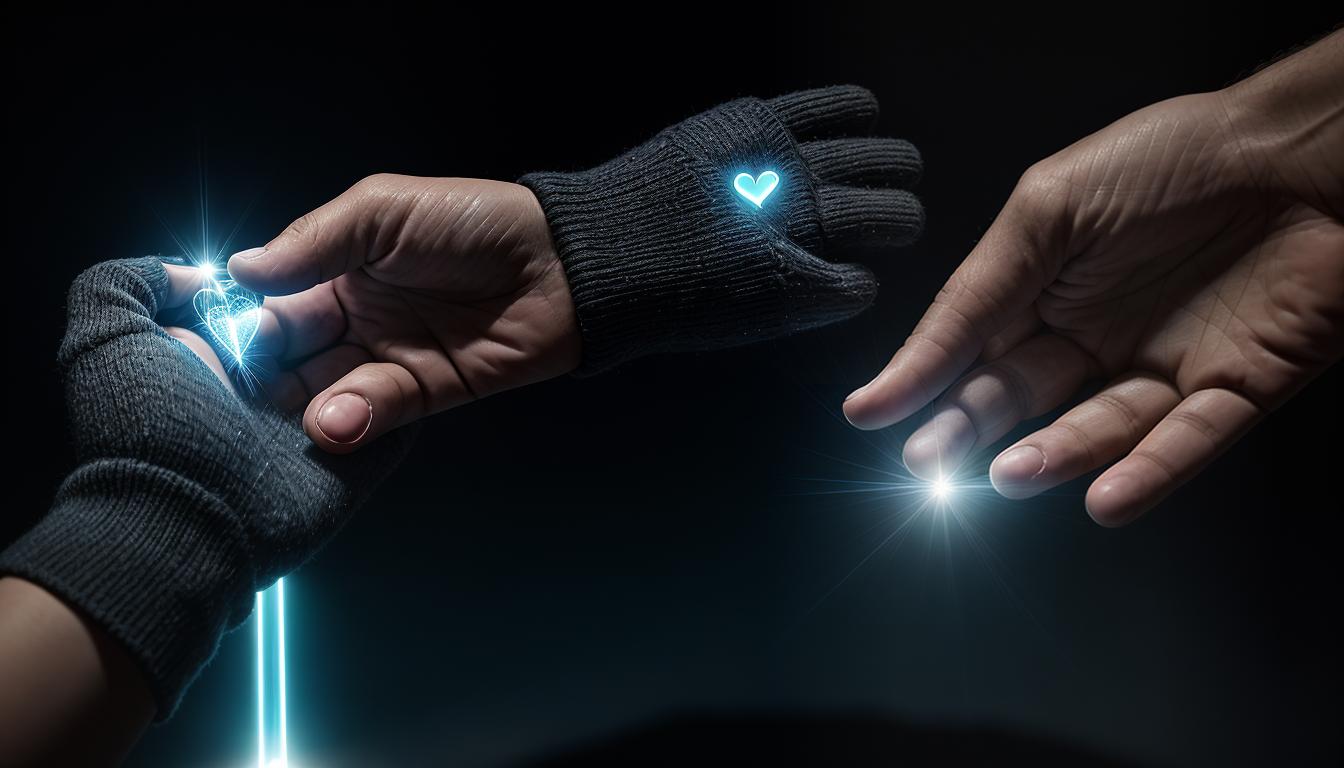  cinematic, aesthetic, An open hand offering a heart, veins visible, heart is intact yet worn, background of interconnected lines symbolizing connection and desire to be needed, vulnerability, 4k, HDR, lens flare