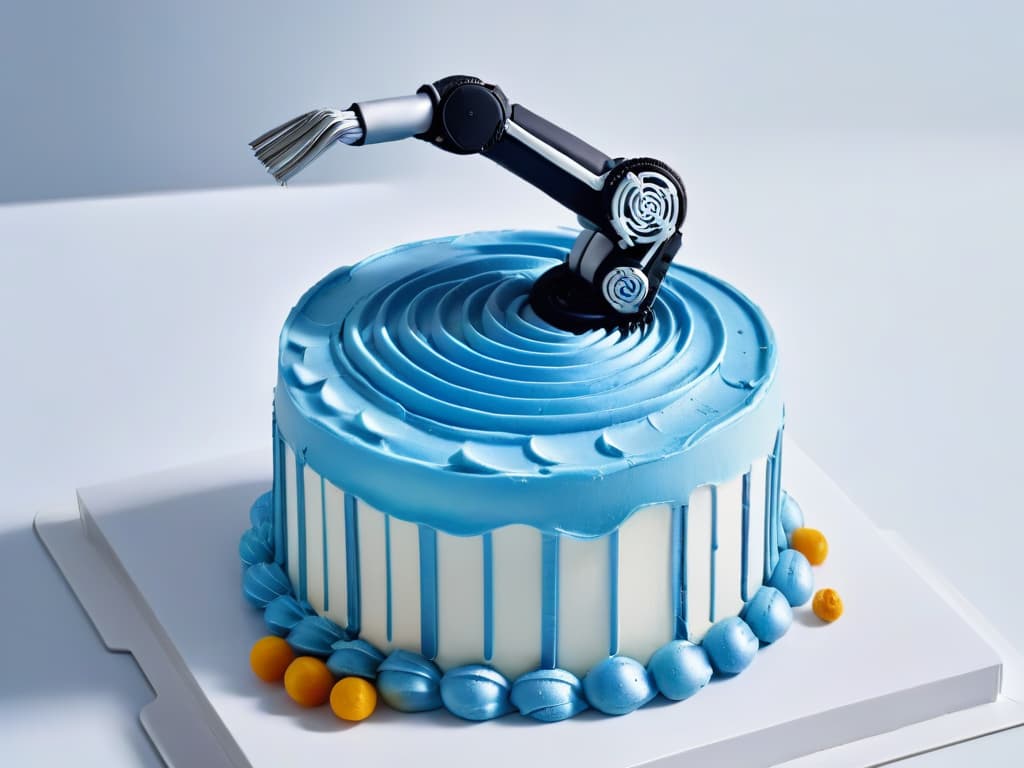  An ultradetailed closeup image of a sleek, silver robotic arm delicately piping intricate swirls of colorful frosting onto a perfectly crafted miniature cake. The precision of the robotic arm's movements is highlighted by the seamless flow of the frosting, showcasing the seamless integration of technology in the art of pastrymaking. The background is blurred to emphasize the focus on the robotic arm and the beautifully decorated dessert, creating a visually striking and futuristic scene that encapsulates the essence of culinary robotics in revolutionizing dessertmaking. hyperrealistic, full body, detailed clothing, highly detailed, cinematic lighting, stunningly beautiful, intricate, sharp focus, f/1. 8, 85mm, (centered image composition), (professionally color graded), ((bright soft diffused light)), volumetric fog, trending on instagram, trending on tumblr, HDR 4K, 8K