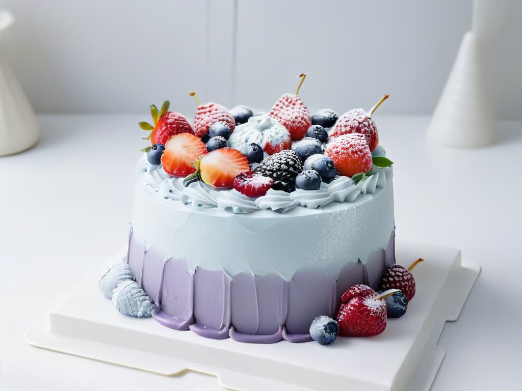  A beautifully arranged, minimalistic cake decorating setup showcasing various piping tips, colorful frosting bags neatly organized, a smooth frosted cake layer, and a palette of vibrant edible decorations like berries, flowers, and sprinkles, all set against a clean, white backdrop. The image exudes a sense of precision, creativity, and the potential for beginners to create stunning cake decorations. hyperrealistic, full body, detailed clothing, highly detailed, cinematic lighting, stunningly beautiful, intricate, sharp focus, f/1. 8, 85mm, (centered image composition), (professionally color graded), ((bright soft diffused light)), volumetric fog, trending on instagram, trending on tumblr, HDR 4K, 8K