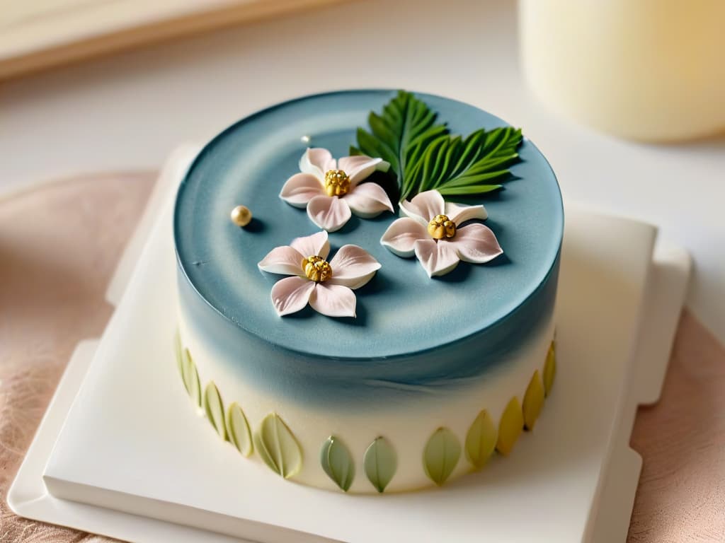  An intricate and minimalist closeup image of a traditional Japanese wagashi confection, showcasing delicate details like cherry blossom petals or gold leaf embellishments, set against a serene backdrop of bamboo leaves. The soft, natural lighting highlights the craftsmanship and elegance of the sweet treat, evoking a sense of tranquility and artistry. hyperrealistic, full body, detailed clothing, highly detailed, cinematic lighting, stunningly beautiful, intricate, sharp focus, f/1. 8, 85mm, (centered image composition), (professionally color graded), ((bright soft diffused light)), volumetric fog, trending on instagram, trending on tumblr, HDR 4K, 8K