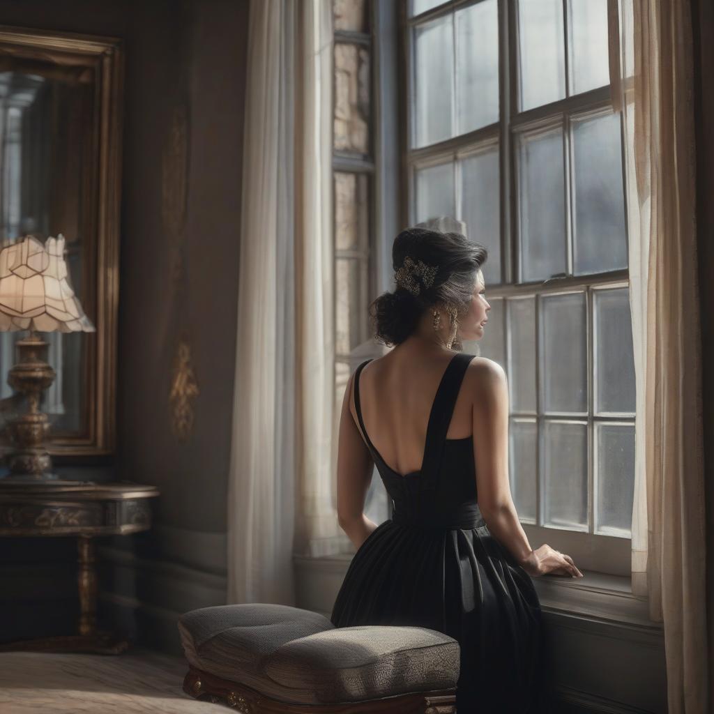  Vintage sad beauty in a black dress looks out the window at the end of the world in the 1990s. hyperrealistic, full body, detailed clothing, highly detailed, cinematic lighting, stunningly beautiful, intricate, sharp focus, f/1. 8, 85mm, (centered image composition), (professionally color graded), ((bright soft diffused light)), volumetric fog, trending on instagram, trending on tumblr, HDR 4K, 8K