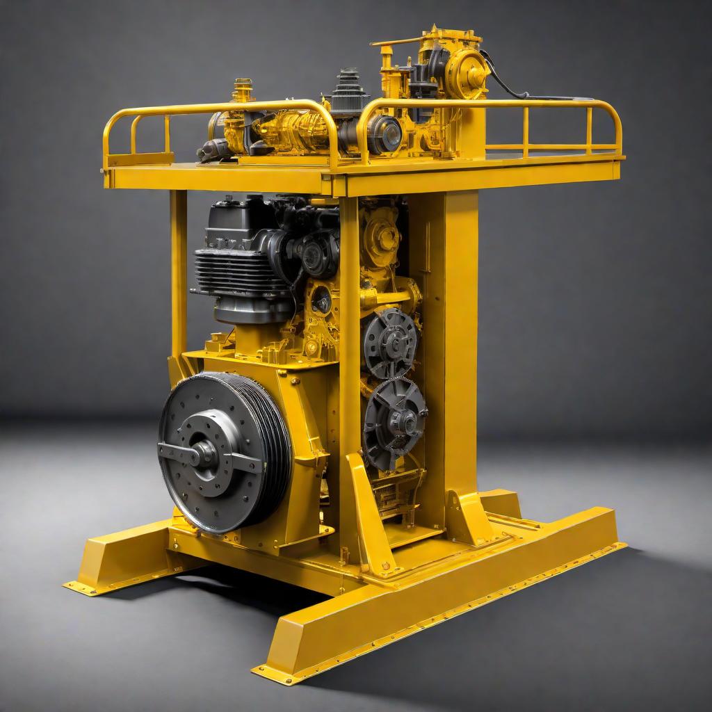  a steel transmission stand designed for rebuilding the transmission of a Caterpillar D6 bulldozer. The diagram should include a sturdy table with sections for holding various transmission components, and tools necessary for a transmission rebuild. hyperrealistic, full body, detailed clothing, highly detailed, cinematic lighting, stunningly beautiful, intricate, sharp focus, f/1. 8, 85mm, (centered image composition), (professionally color graded), ((bright soft diffused light)), volumetric fog, trending on instagram, trending on tumblr, HDR 4K, 8K