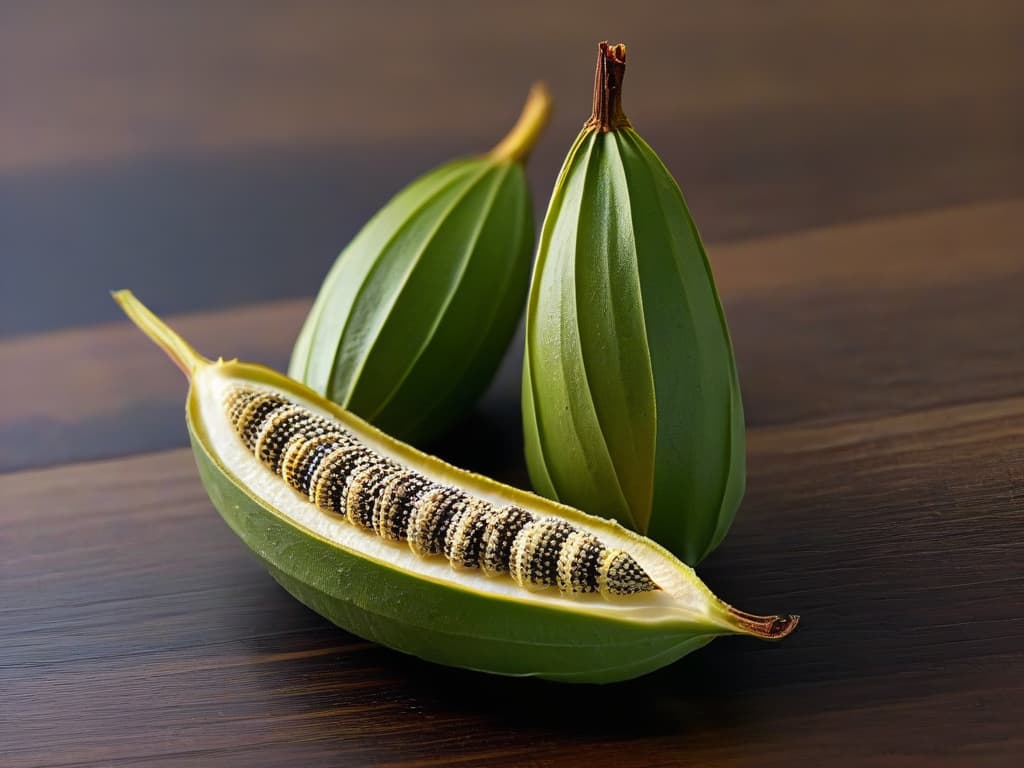  A closeup, ultradetailed image of a delicate vanilla bean pod split open, revealing the tiny, aromatic seeds inside. The focus is incredibly sharp, capturing the intricate textures and patterns of the pod, with the seeds glistening in the light. The background is softly blurred to emphasize the natural beauty and essence of this essential dessert spice. hyperrealistic, full body, detailed clothing, highly detailed, cinematic lighting, stunningly beautiful, intricate, sharp focus, f/1. 8, 85mm, (centered image composition), (professionally color graded), ((bright soft diffused light)), volumetric fog, trending on instagram, trending on tumblr, HDR 4K, 8K