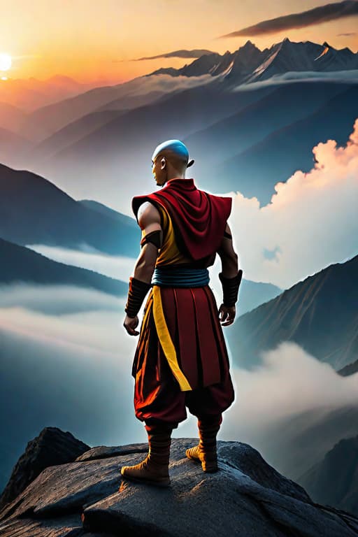  Avatar aang looking at sunset on mountains hyperrealistic, full body, detailed clothing, highly detailed, cinematic lighting, stunningly beautiful, intricate, sharp focus, f/1. 8, 85mm, (centered image composition), (professionally color graded), ((bright soft diffused light)), volumetric fog, trending on instagram, trending on tumblr, HDR 4K, 8K