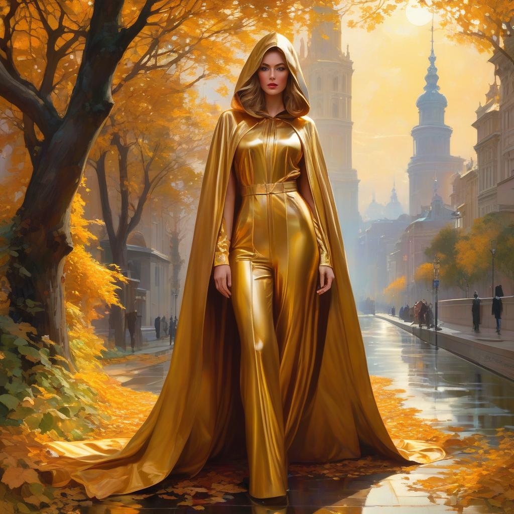  A masterpiece. A very beautiful girl. High elaboration, high detail. Golden brown hair. Girl on heels. Brown eyes. Golden hooded cloak. Behind nature, city. Bright colors. Sunlight. Surrealist abstractionism. Alfonso Mucha, Honoré Fargonard. hyperrealistic, full body, detailed clothing, highly detailed, cinematic lighting, stunningly beautiful, intricate, sharp focus, f/1. 8, 85mm, (centered image composition), (professionally color graded), ((bright soft diffused light)), volumetric fog, trending on instagram, trending on tumblr, HDR 4K, 8K