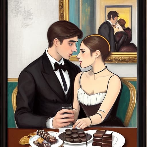  Attractive Beautiful young modern Parisian couple dressed in modern designer attire looking at each other. Foreground is plates of fine dark chocolates. Background is an exclusive Parisian restaurant . Painting style of Edgar Degas