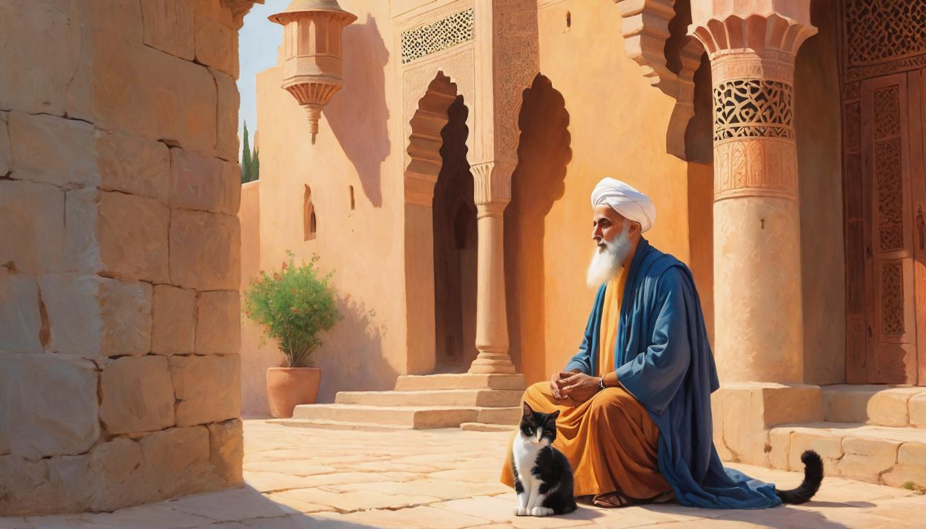  OIL PASTEL+++ Beneath the shade of an ancient mosque's minaret, a wise Imam engages in a deep conversation with a stray cat, recognizing the wisdom and insight that can be found in unexpected encounters, regardless of form.