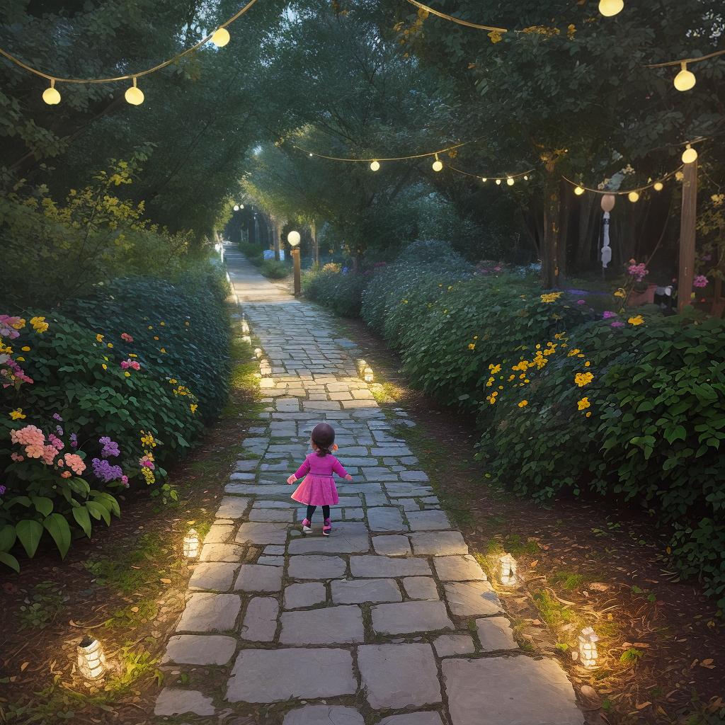  masterpiece, best quality, Foreground: A child happily skipping along a colorful pathway illuminated by the soft glow of their shoes. The shoes emit a gentle light with each step, casting a warm and inviting ambiance.