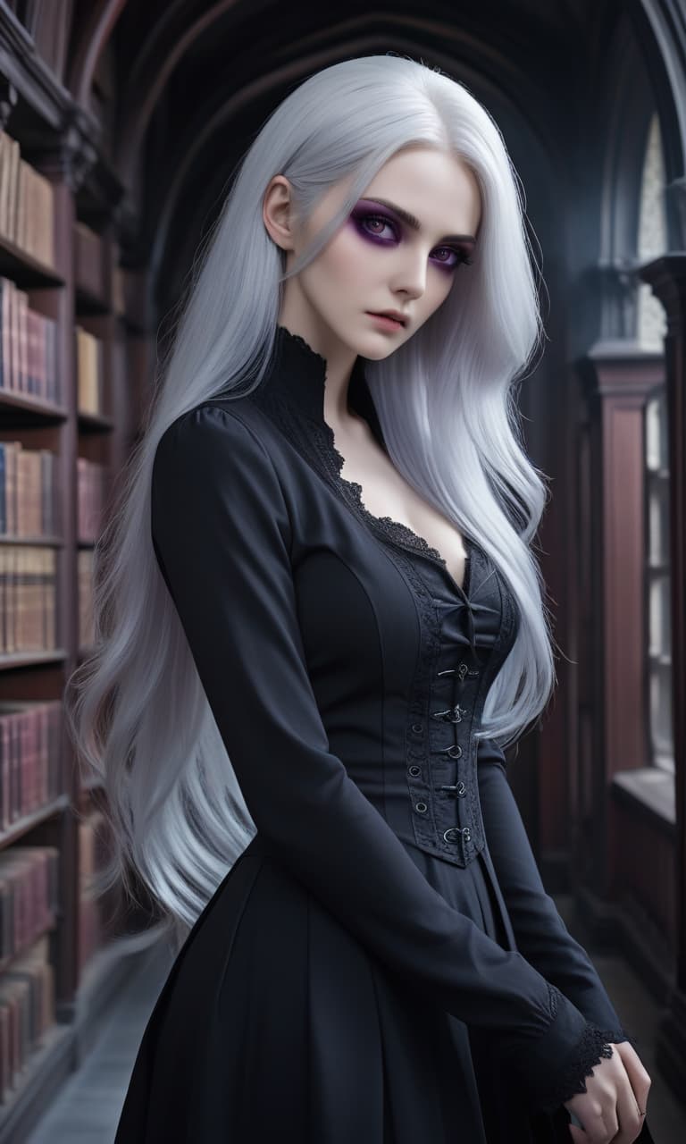  Girl, sorcerer, white hair, long hair, straight hair, black hair tips, magic, body in cracks, face in cracks, black beard, black eyes, person, pale skin, gray eyes, vampire, hair transition from white to black, purple appendages, gothic castle, white tubes under eyes, red eyes, library, deadly pallor, pentagrams, black tips of hair, dark, straight hair, very dark, fresco. hyperrealistic, full body, detailed clothing, highly detailed, cinematic lighting, stunningly beautiful, intricate, sharp focus, f/1. 8, 85mm, (centered image composition), (professionally color graded), ((bright soft diffused light)), volumetric fog, trending on instagram, trending on tumblr, HDR 4K, 8K