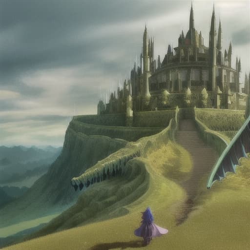  Big dragons on a hill and fantasy with a small girl standing