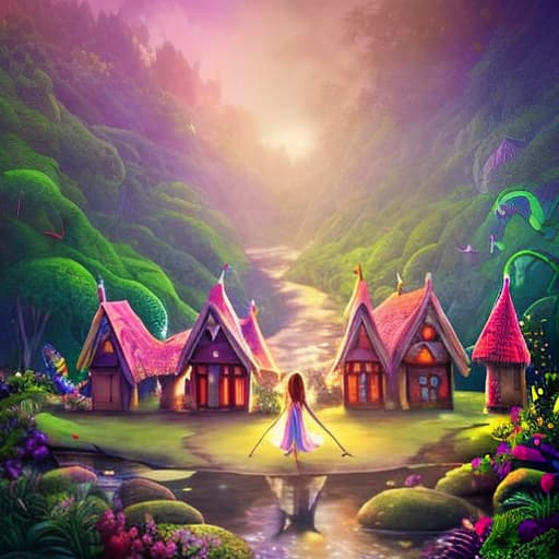  Create a 4k , realistic,digital art piece capturing the beauty of seven fairies in front of their enchanting houses nestled in the heart of a lush, magical jungle with ratio of 16:9