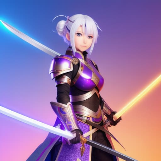  1girl, japanese armor, white hair, purple eyes, sword, ((holding sword)), blue flames, glowing weapon, light particles, wallpaper, chromatic aberration