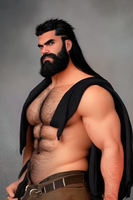  man, black hair, black beard, muscular and massive figure, blue eyes, aggressive look