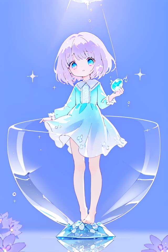  A cute girl stands on top of the crystal clear gl cup,surrounded by sparkling water droplets and purple flowers floating in a light blue background. The full body photo has soft lighting in the style of anime with dreamy colors,cute expressions,and delicate details. ar 3:4 niji 6