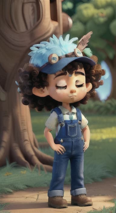  {Riley standing under the tree with eyes closed, making the wish., Riley, a curious with big brown eyes and curly hair, wearing overalls and carrying a small backpack. Their friend, Skye, a bluebird with shiny feathers.