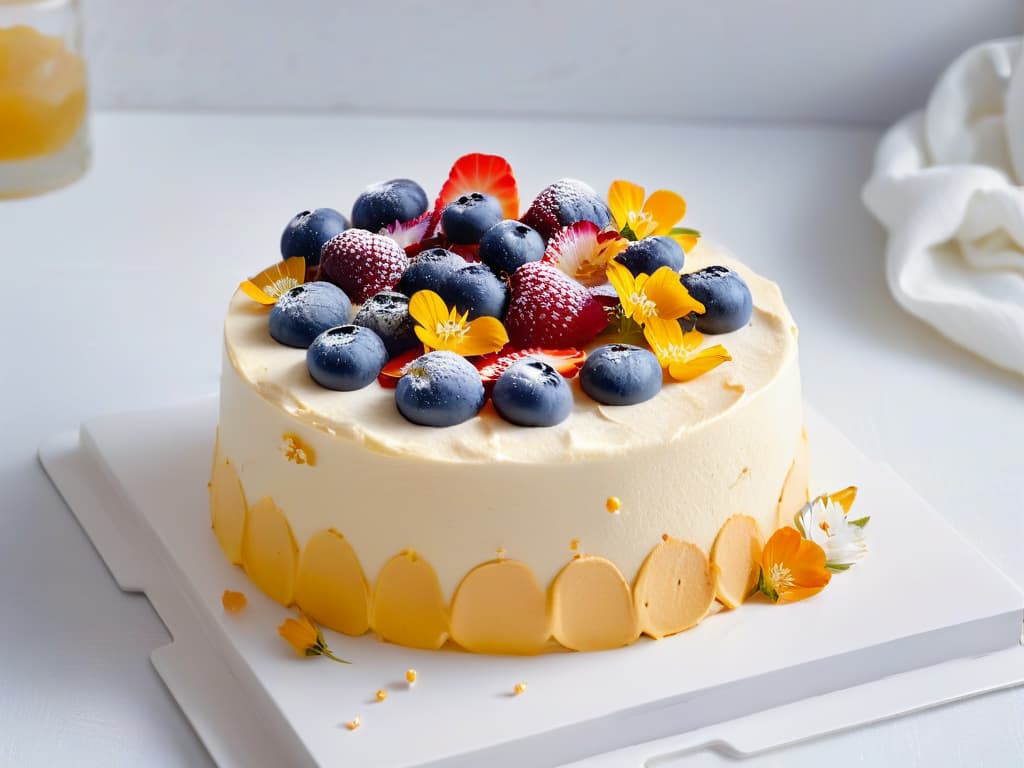  A closeup, ultradetailed image of a beautifully crafted tres leches cake, topped with fresh berries and delicate edible flowers, set on a sleek, white plate against a soft, blurred background. The cake appears moist and decadent, with a glossy finish and intricate swirls of whipped cream decorating its sides. The vibrant colors of the berries pop against the creamy backdrop, creating a visually striking and appetizing composition that embodies the essence of Latin American fusion desserts. hyperrealistic, full body, detailed clothing, highly detailed, cinematic lighting, stunningly beautiful, intricate, sharp focus, f/1. 8, 85mm, (centered image composition), (professionally color graded), ((bright soft diffused light)), volumetric fog, trending on instagram, trending on tumblr, HDR 4K, 8K