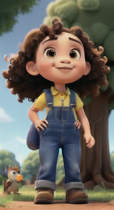  {Riley looking up at the tree with a big smile, animals surrounding them., Riley, a curious with big brown eyes and curly hair, wearing overalls and carrying a small backpack. Their friend, Skye, a bluebird with shiny feathers.