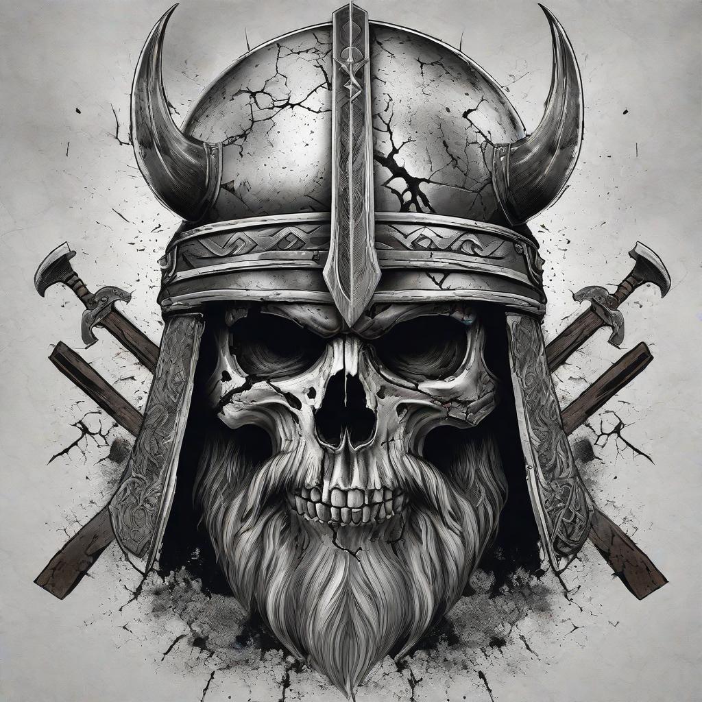  masterpiece, best quality, Best Quality, 8k resolution, Masterpiece tattoo, viking Skull in helmet, death, blood, long beard, long hair, black and white, cracked skull and cracked eye socket, warrior, angry, pain, scary