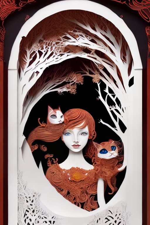 mdjrny-pprct Red haired woman with two white cats