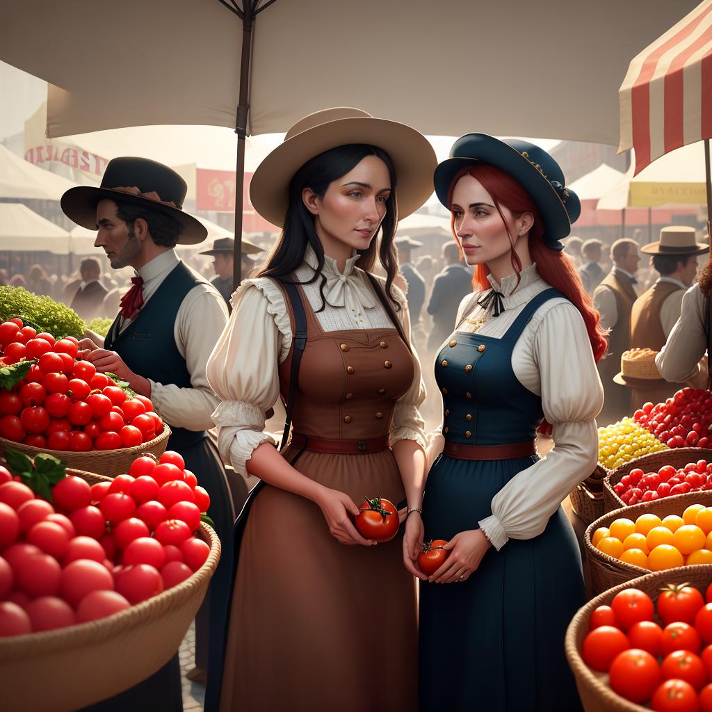 A realistic 19th century scene with people avoiding tomatoes, believing them to be poisonous. The scene depicts a busy marketplace with vendors selling various fruits and vegetables. The main subject is a group of people gathered around a vendor's stall, looking suspiciously at a basket of bright red tomatoes. The scene is set outdoors, with a cloudy sky and a cobblestone street. The people are dressed in period clothing, wearing bonnets and waistcoats. The vendor is holding a tomato up, trying to convince the customers of its safety. The sunlight filters through the clouds, casting a soft, diffused light on the scene. The artwork is of ((masterpiece)) quality, with high details and ultra-detailed textures. The medium used is oil painting,  hyperrealistic, full body, detailed clothing, highly detailed, cinematic lighting, stunningly beautiful, intricate, sharp focus, f/1. 8, 85mm, (centered image composition), (professionally color graded), ((bright soft diffused light)), volumetric fog, trending on instagram, trending on tumblr, HDR 4K, 8K