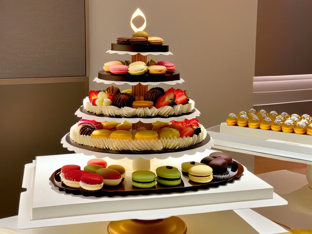  An ultradetailed 8k image of a sleek, modern dessert display featuring a variety of iconic desserts like macarons, cupcakes, and artisan chocolates arranged in an elegant and eyecatching manner. The desserts are presented on minimalist, white platters with subtle gold accents, set against a backdrop of soft, diffused lighting that highlights their exquisite details and textures. This image exudes sophistication and luxury, showcasing the potential for desserts to become iconic merchandising items. hyperrealistic, full body, detailed clothing, highly detailed, cinematic lighting, stunningly beautiful, intricate, sharp focus, f/1. 8, 85mm, (centered image composition), (professionally color graded), ((bright soft diffused light)), volumetric fog, trending on instagram, trending on tumblr, HDR 4K, 8K