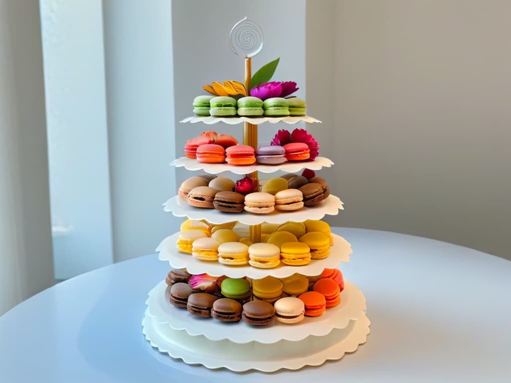  A closeup, ultradetailed image of a perfectly crafted macaron tower, showcasing a variety of colors and flavors. Each delicate macaron is beautifully decorated with intricate designs, creating a visually stunning and mouthwatering display. The soft pastel colors of the macarons contrast elegantly against a clean, white background, highlighting the precision and artistry of traditional and modern pastry techniques. hyperrealistic, full body, detailed clothing, highly detailed, cinematic lighting, stunningly beautiful, intricate, sharp focus, f/1. 8, 85mm, (centered image composition), (professionally color graded), ((bright soft diffused light)), volumetric fog, trending on instagram, trending on tumblr, HDR 4K, 8K