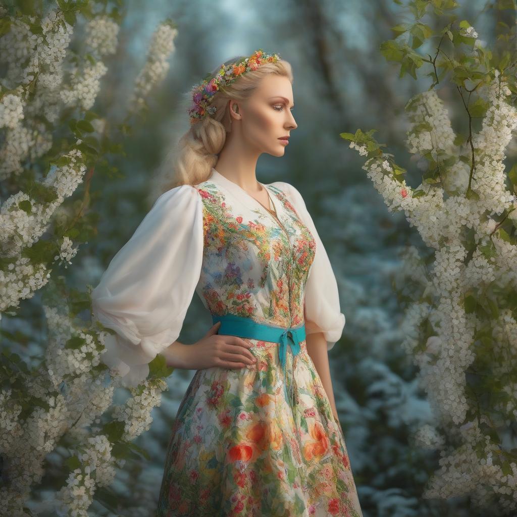  A masterpiece.A beautiful girl with a blond braid in the image of spring stands by a birch tree.She has a wreath of wildflowers on her head.The girl is wearing a beautiful sundress in the Russian folk style. A train of wildflowers stretches from the hem of the sundress at the bottom. In the background there is a background in the form of a green blue gradient.The style is Russian patterns.The most beautiful picture in the world hyperrealistic, full body, detailed clothing, highly detailed, cinematic lighting, stunningly beautiful, intricate, sharp focus, f/1. 8, 85mm, (centered image composition), (professionally color graded), ((bright soft diffused light)), volumetric fog, trending on instagram, trending on tumblr, HDR 4K, 8K