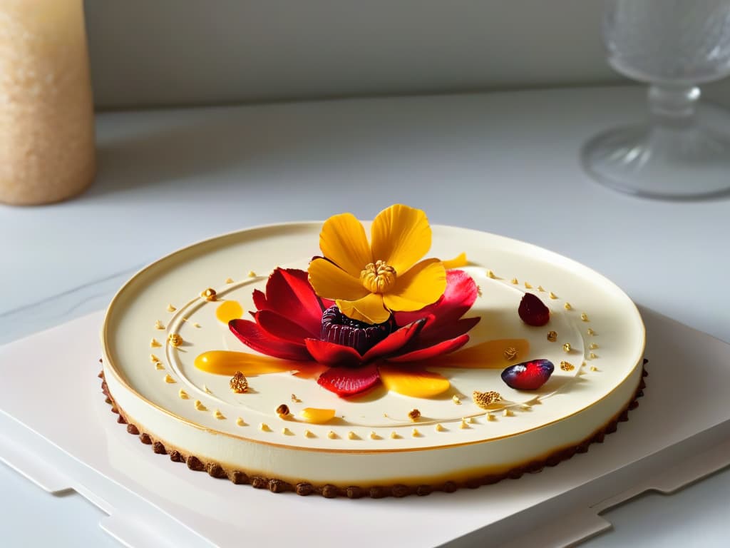  A closeup, ultradetailed image of a sophisticated dessert plate featuring a fusion of exotic flavors in gourmet pastry. The dessert is elegantly presented with intricate details like edible gold leaf accents, delicate flower petals, and a glossy finish. The color palette is rich and vibrant, showcasing the vibrant hues of the unique ingredients used in the dessert. The composition is minimalist yet visually striking, emphasizing the luxurious and innovative nature of the fusion dessert. hyperrealistic, full body, detailed clothing, highly detailed, cinematic lighting, stunningly beautiful, intricate, sharp focus, f/1. 8, 85mm, (centered image composition), (professionally color graded), ((bright soft diffused light)), volumetric fog, trending on instagram, trending on tumblr, HDR 4K, 8K