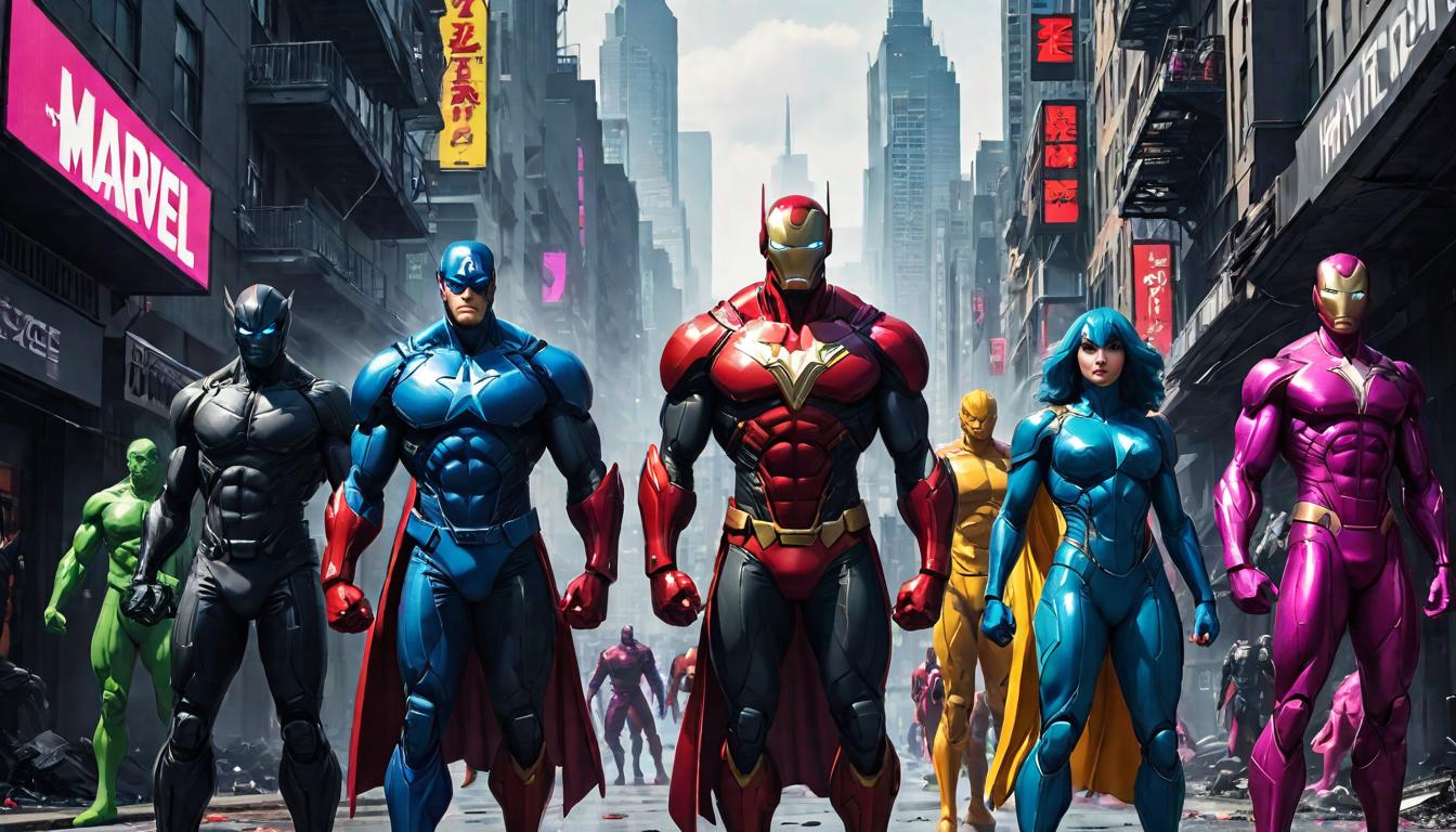  Group of large busted attractive arian humanoids, in defiance against a monochrome cityscape, embodying alternative lifestyles. Vivid splashes of color, beacon of individuality, challenge to norms, vibrant personalities against dull backgrounds, freedom of choice., high tech clothing clad in sleek, futuristic costume with metallic accents and form fitting designs, marvel superhero comics style, unreal engine rendering